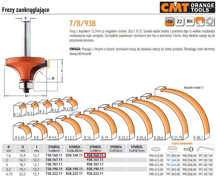 Freza R 1,6mm D 15,9mmI 12,7mm S 8mm, CMT