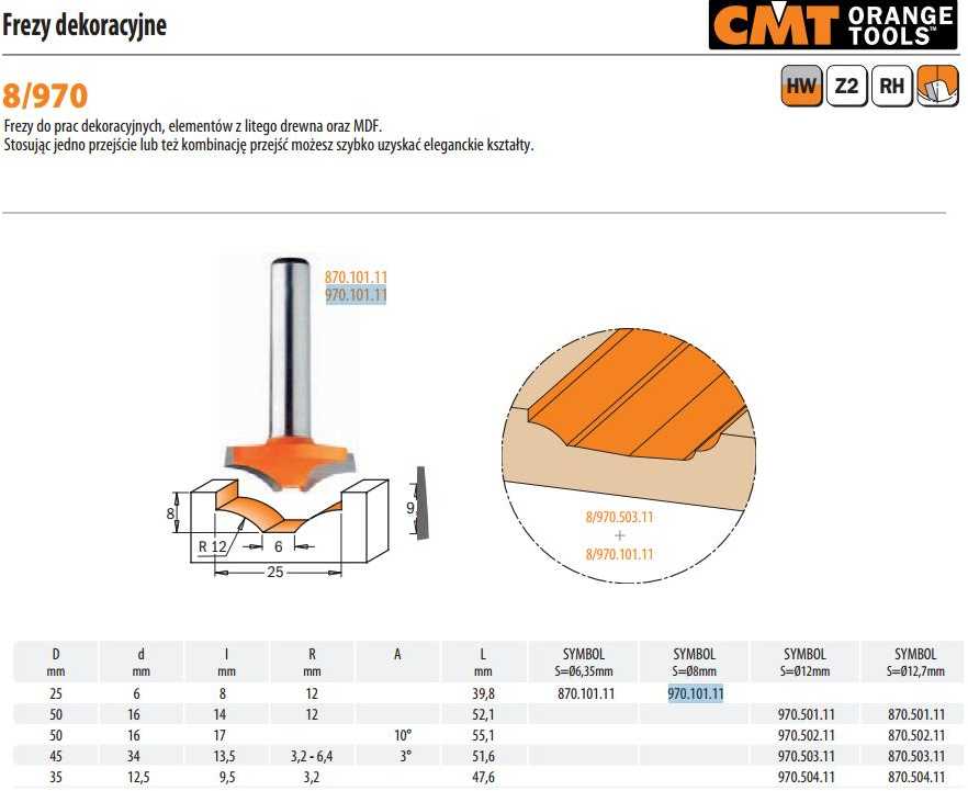 Profilinė freza CMT; S=8 mm; D=25 mm; R=12 mm