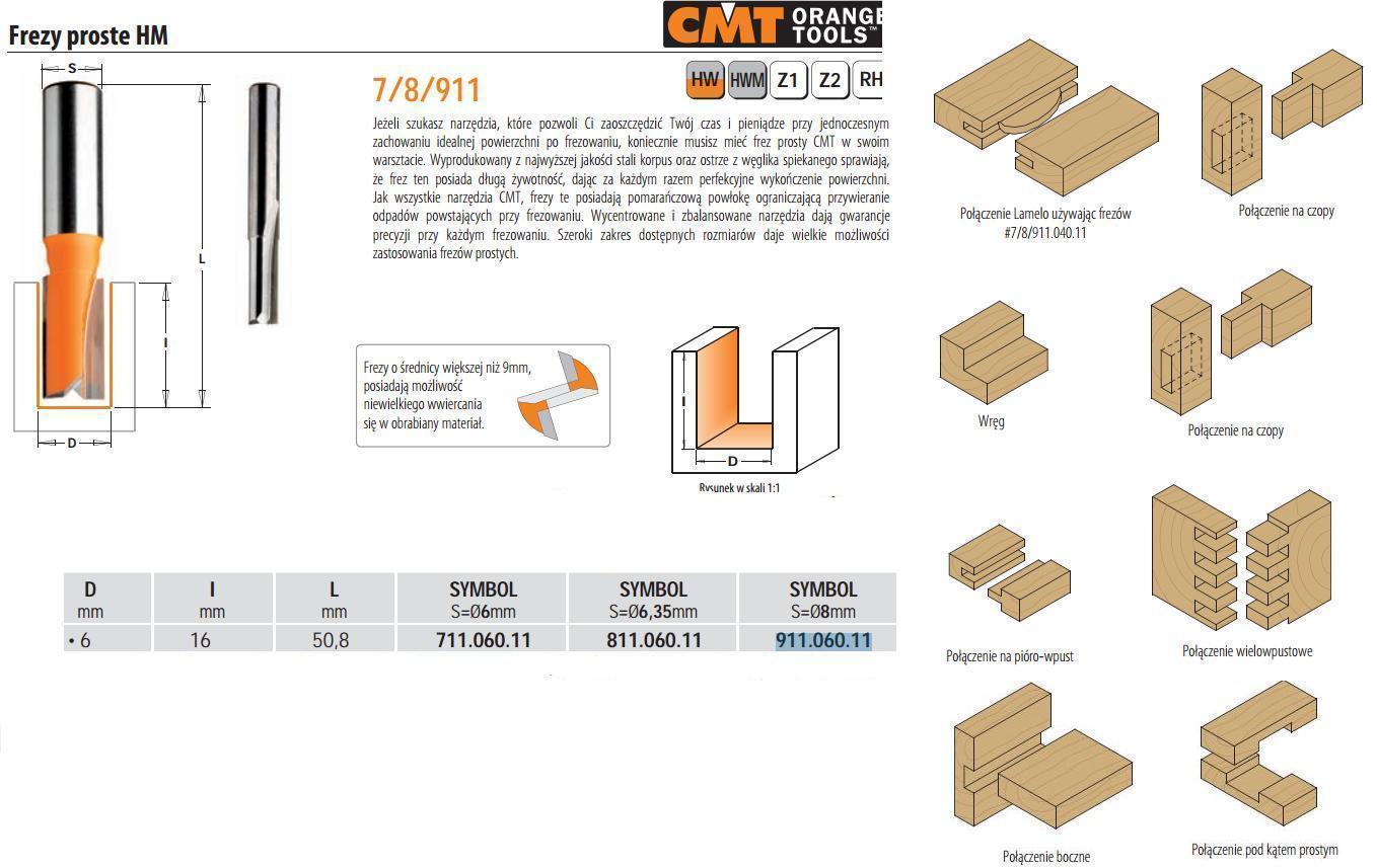 Tiesi pirštinė freza CMT; S=8 mm; D=6 mm