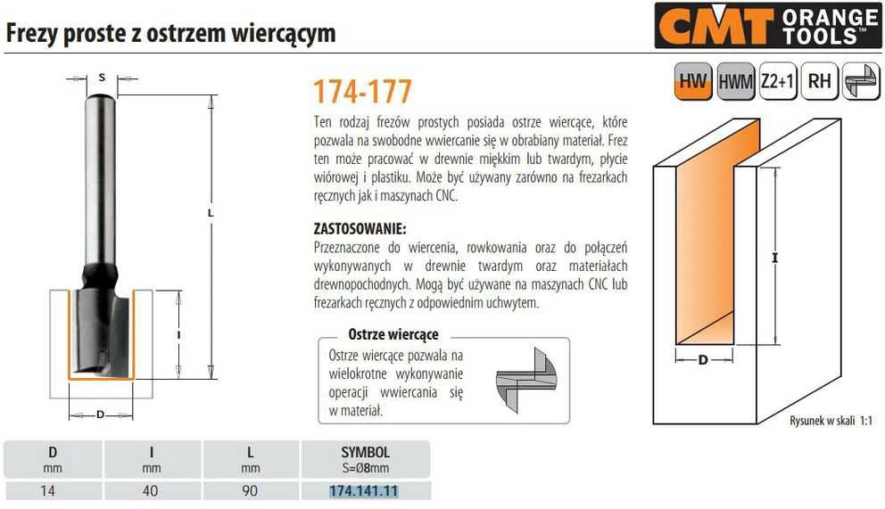 Tiesi pirštinė freza CMT; S=8 mm; D=14 mm
