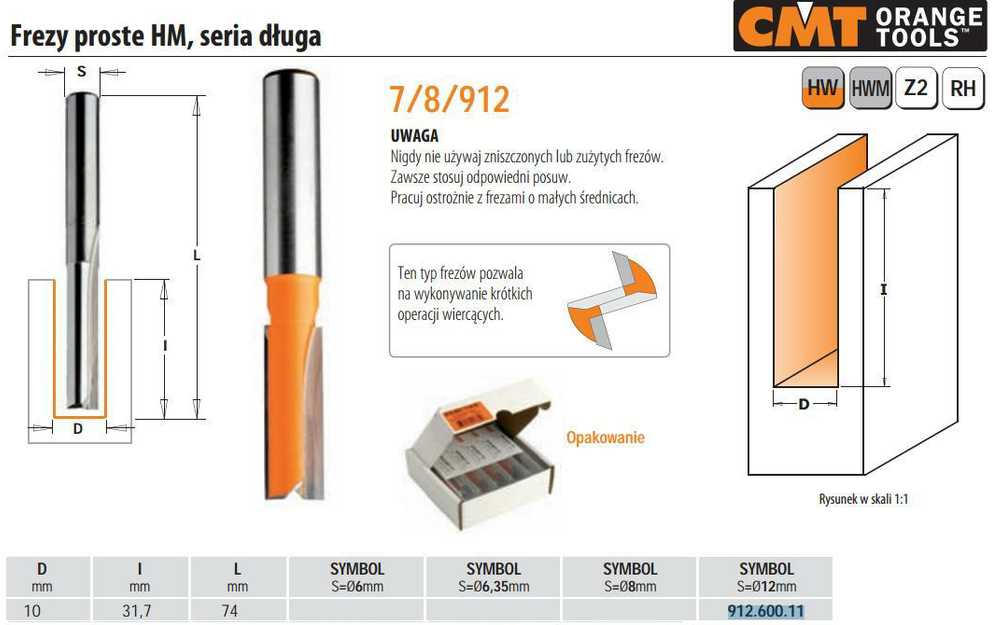 Tiesi pirštinė freza CMT; S=12 mm; D=10 mm