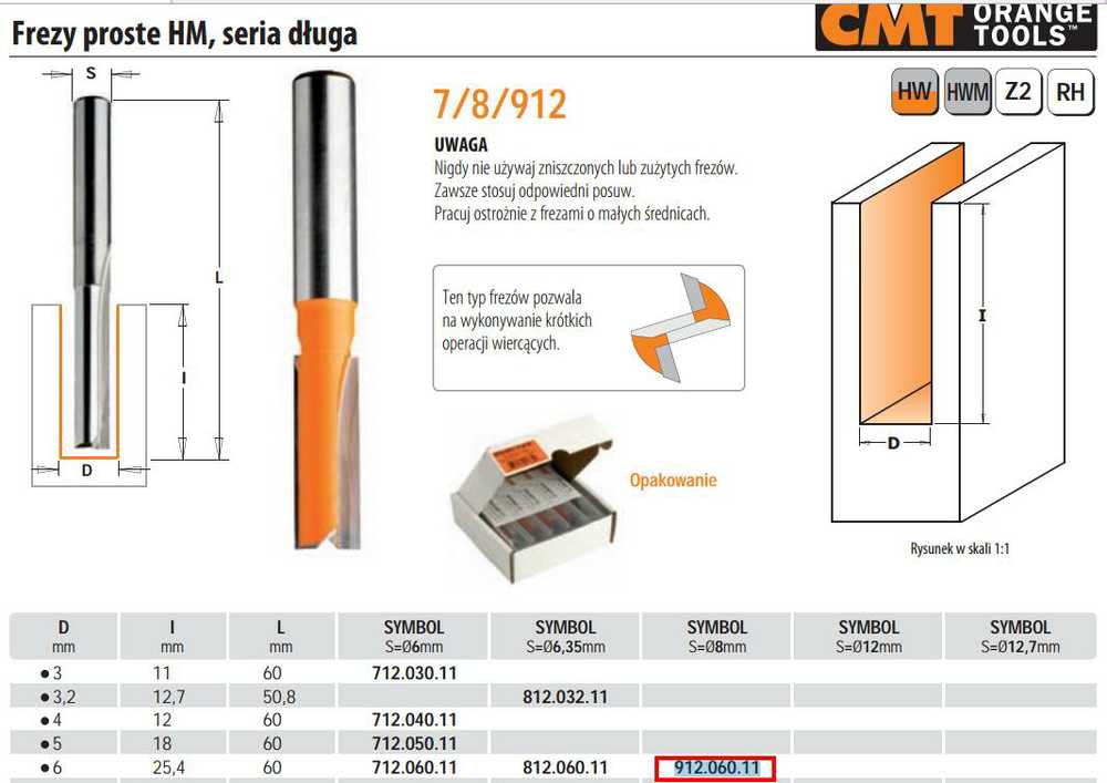 Tiesi pirštinė freza CMT; S=8 mm; D=6 mm