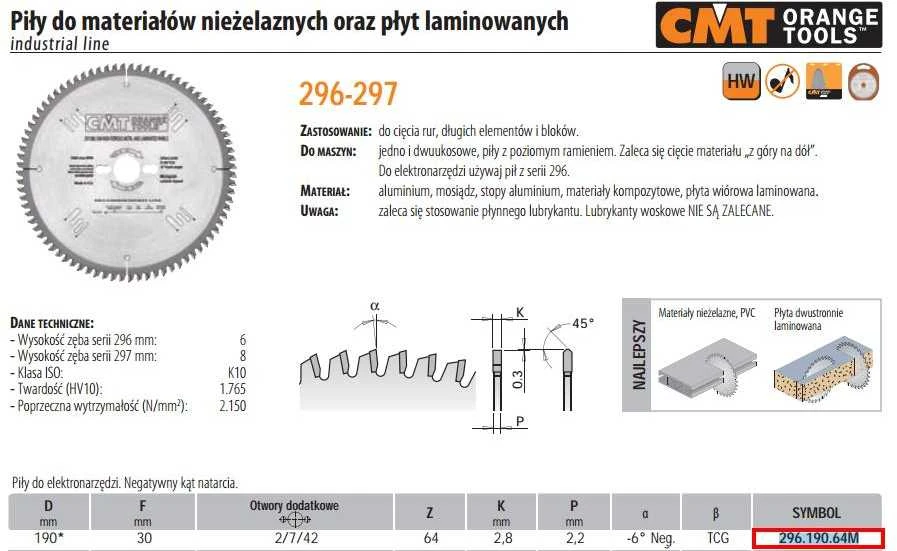 Pjovimo diskas laminatui CMT 296; 190x2,8x30; Z64; -6°