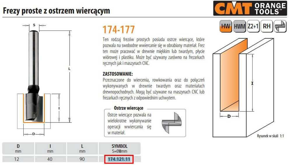 Tiesi pirštinė freza CMT; S=8 mm; D=12 mm