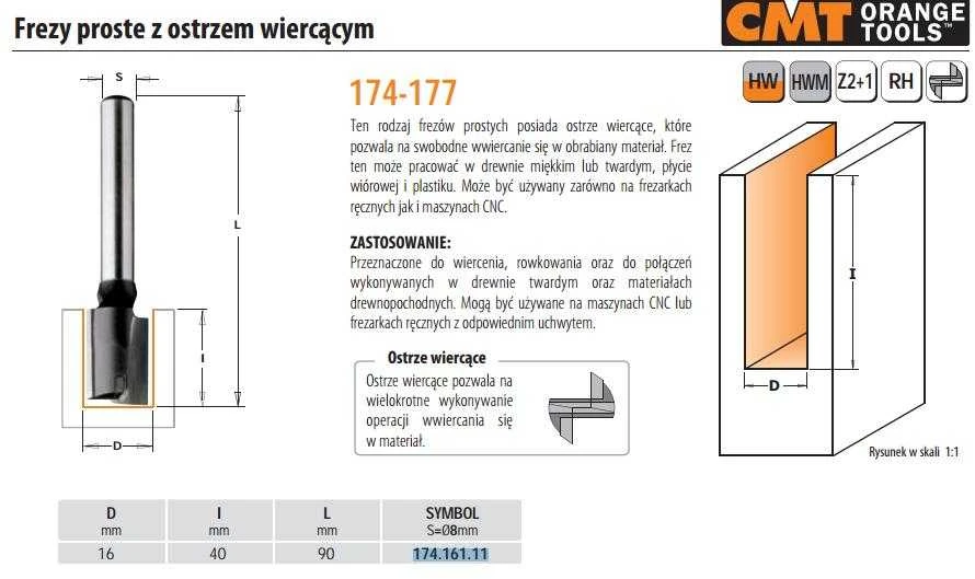 Tiesi pirštinė freza CMT; S=8 mm; D=16 mm