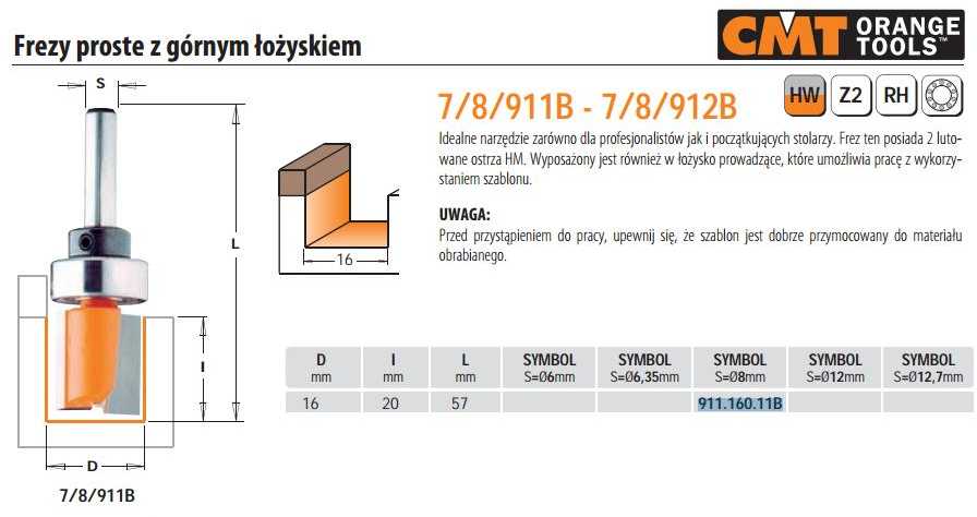 Tiesi pirštinė freza CMT; S=8 mm; D=16 mm; su guoliu