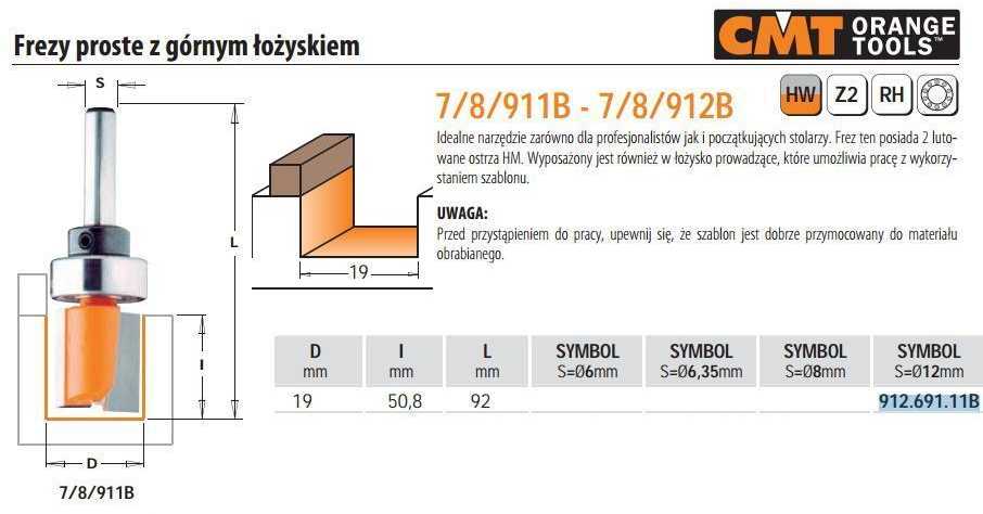 Tiesi pirštinė freza CMT; S=12 mm; D=19 mm; su guoliu