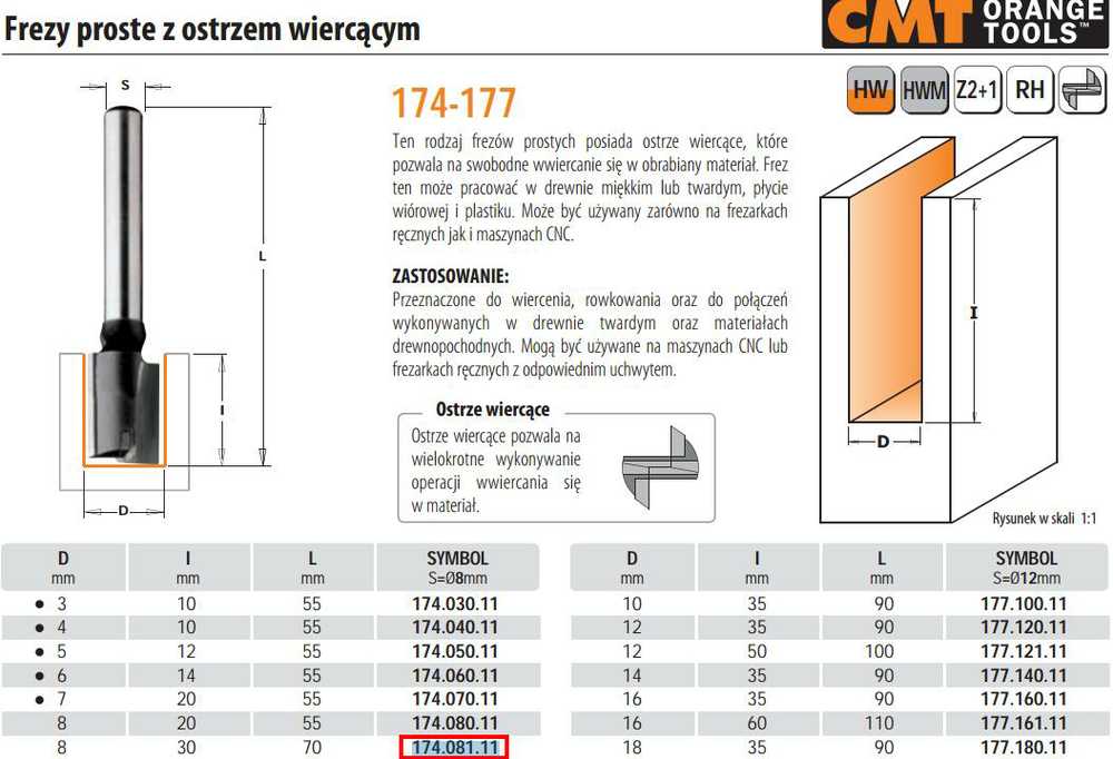 Tiesi pirštinė freza CMT; S=8 mm; D=8 mm