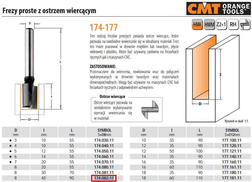 Tiesi pirštinė freza CMT; S=8 mm; D=8 mm