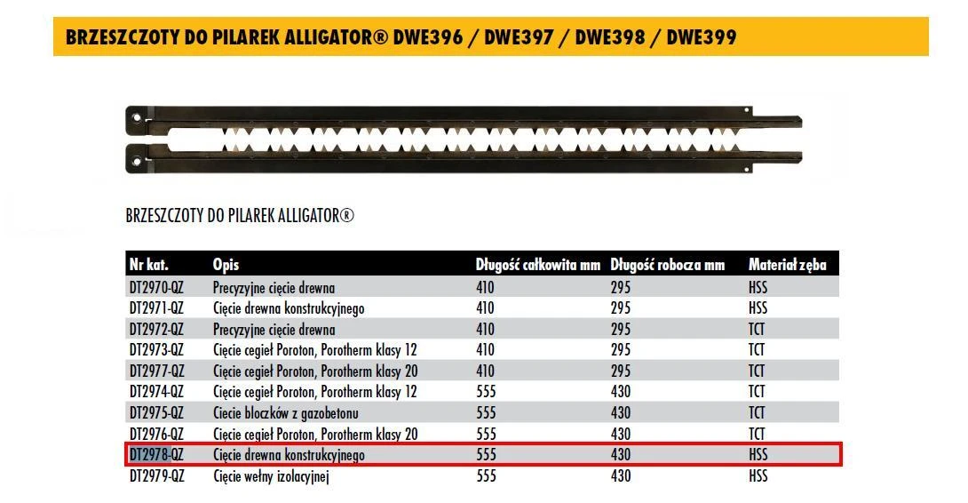 Dewalt medienos ašmenys tandeminiams pjūklams , 430 mm ilgio, HSS dantys DT2978