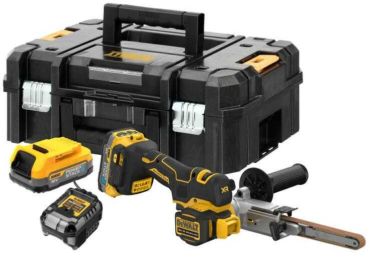 Juostinis šlifuoklis DeWalt DCM200E2T-QW; 18 V; 2x1,7 Ah akum.