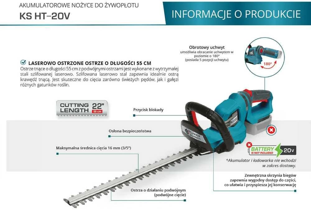 Konner & Sohnen Akumuliatorinės gyvatvorių žirklės 20V, 55cm, KS HT-20V