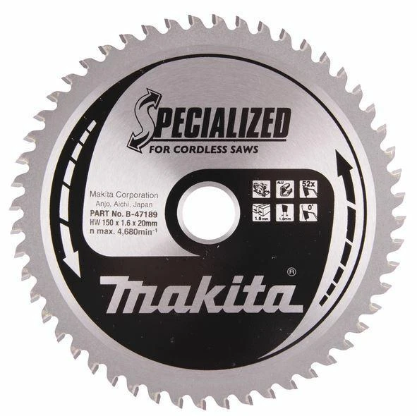 Makita T.C.T. pjūklas SPECIALIZED 150X1.6X20mm 0° T52 B-47189 T.C.T • 150 x20 mm • T52 • 0° • Aliuminiui
