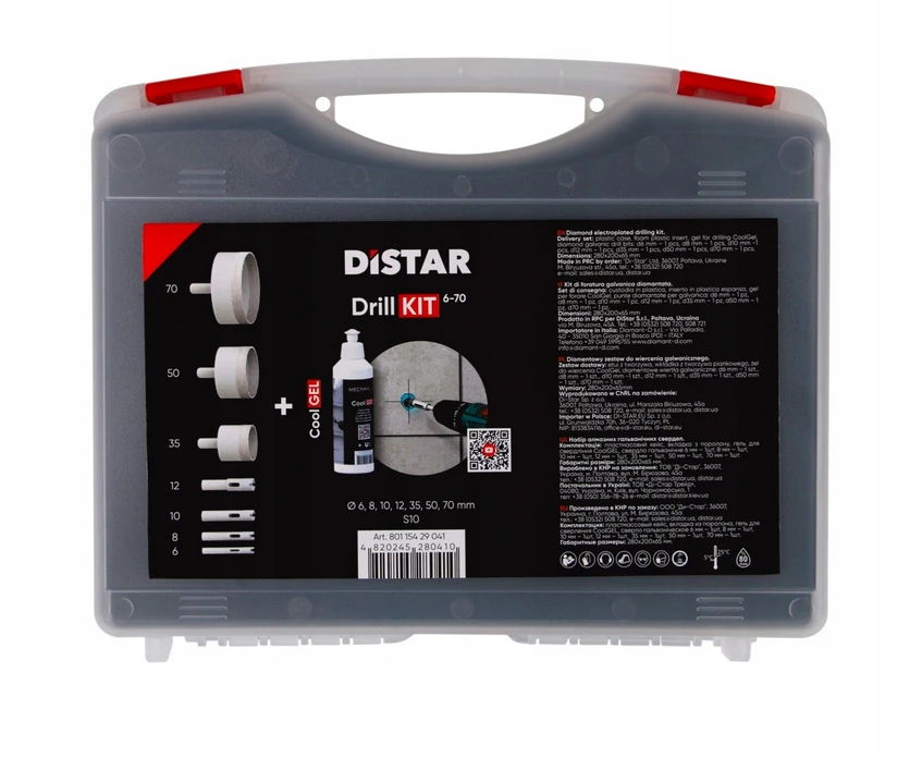 Distar DrillKIT 7vnt. 6-70mm karūnėlių + CoolGEL komplektas dėžutėje šlapiam plytelių gręžimui
