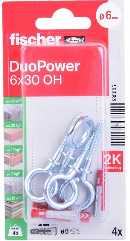 Fischer Kaiščiai DUOPOWER su O formos kabliu 6x30, 4 vnt.