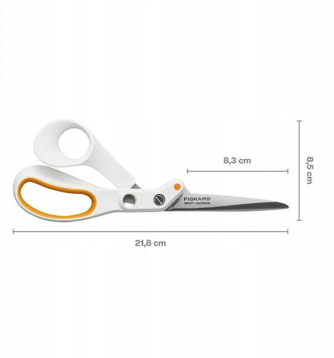 Fiskars Amplify žirklės su matmenų schema