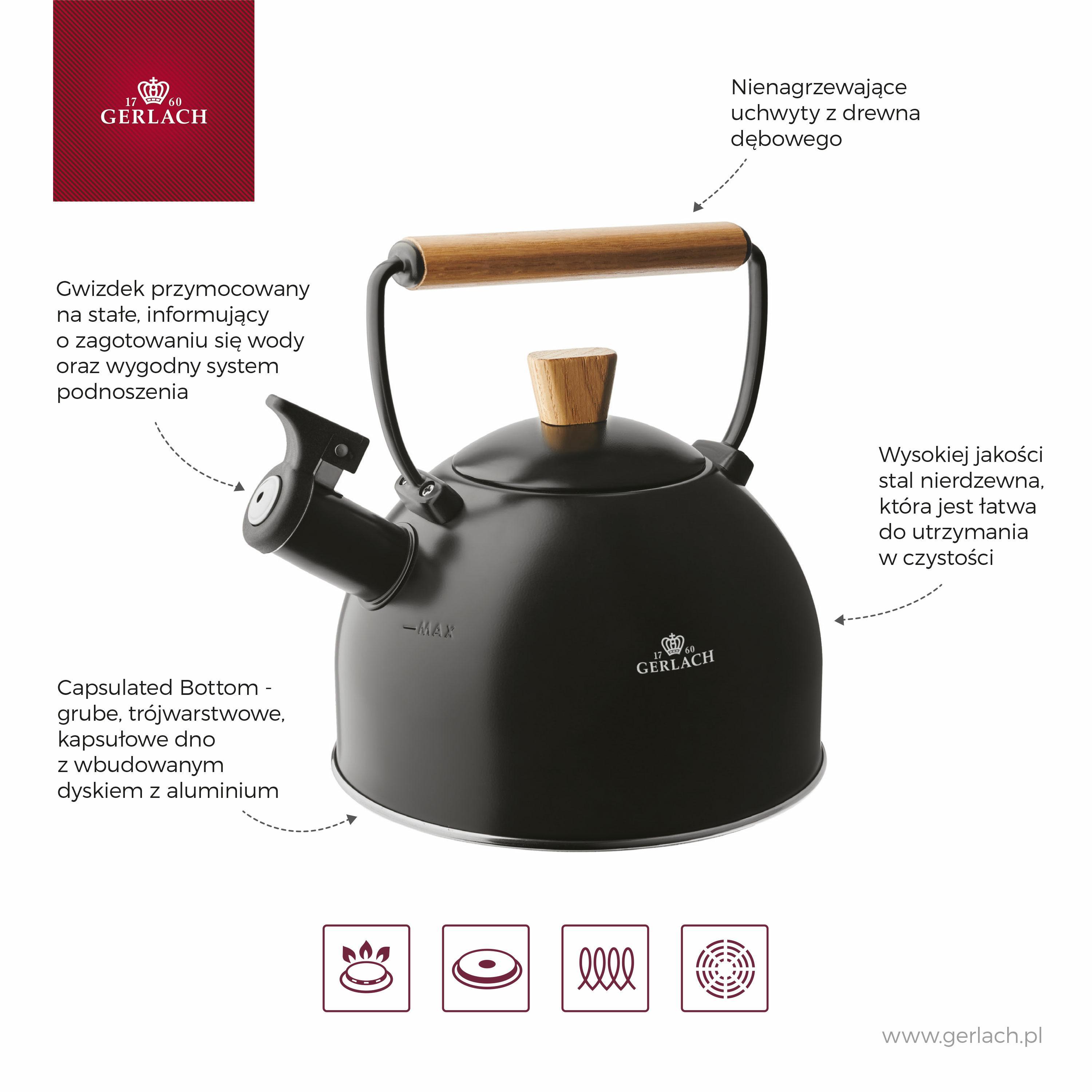 Gerlach nerūdijančiojo plieno virdulys su švilpuku 2,5 l, indukcijai NK320