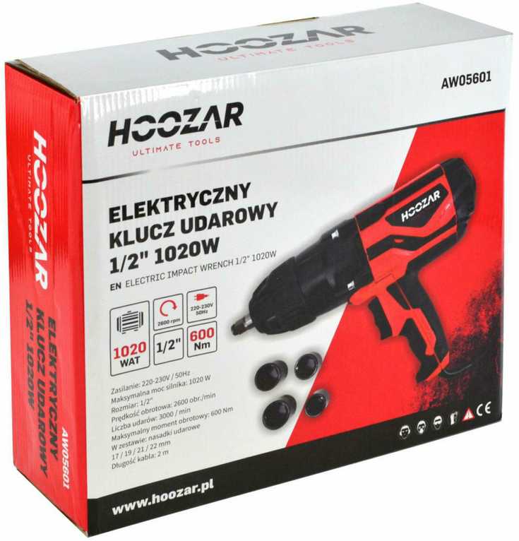 HOOZAR elektrinis smūginis veržliaraktis 1020W 1/2" 600 Nm