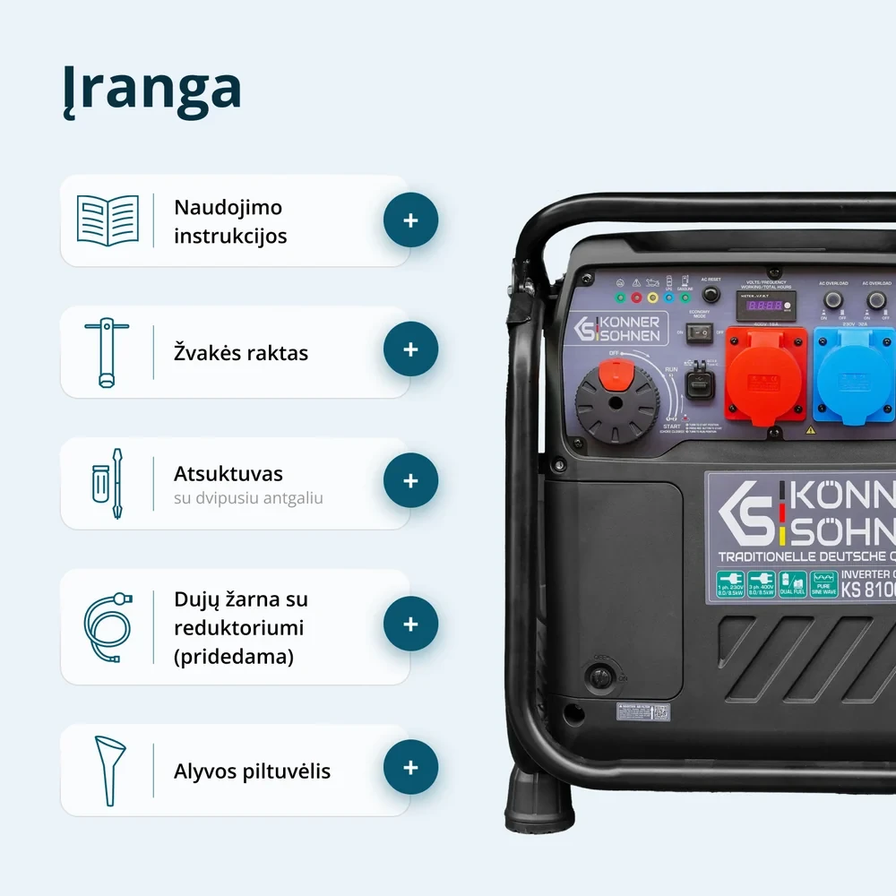Inverterinis generatorius Könner & Söhnen KS 8100iEG 1/3, 8,5 kW, benzinas / LPG, 230/400 V, 20 l, dviejų kuro rūšių