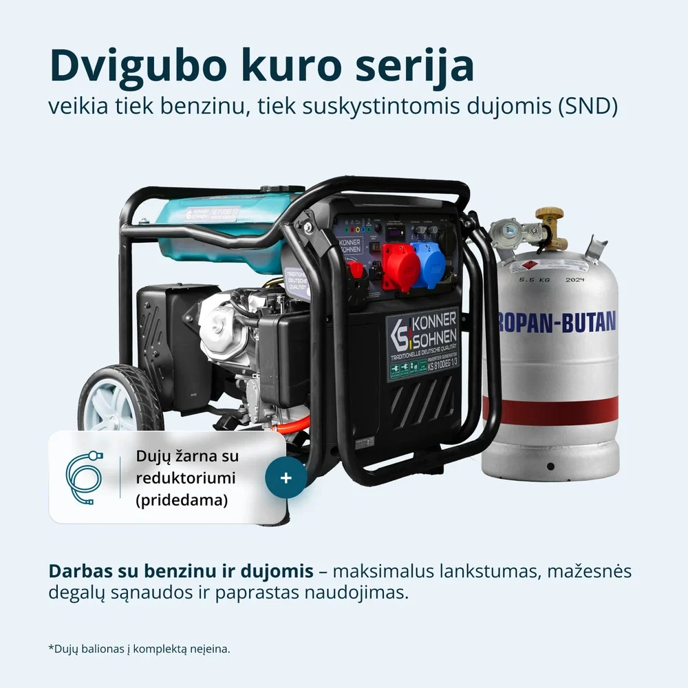 Inverterinis generatorius Könner & Söhnen KS 8100iEG 1/3, 8,5 kW, benzinas / LPG, 230/400 V, 20 l, dviejų kuro rūšių