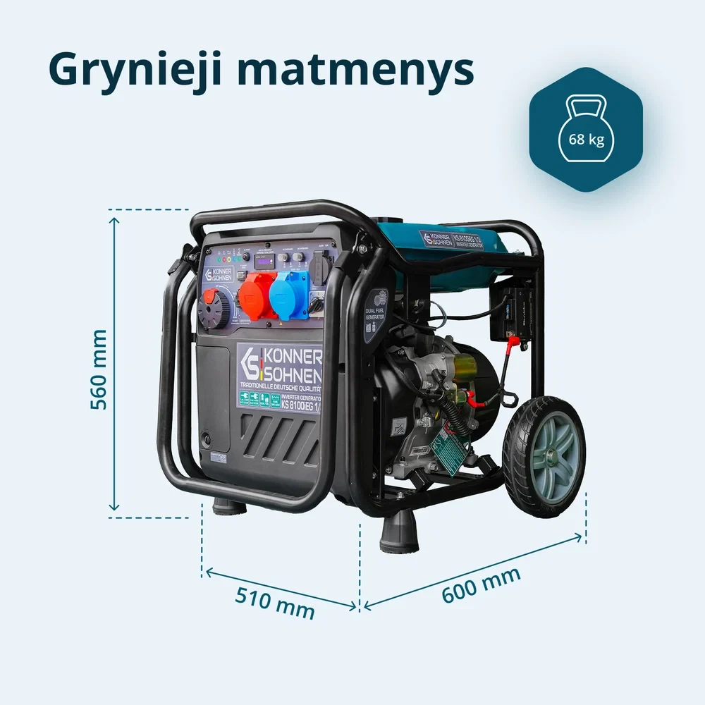 Inverterinis generatorius Könner & Söhnen KS 8100iEG 1/3, 8,5 kW, benzinas / LPG, 230/400 V, 20 l, dviejų kuro rūšių
