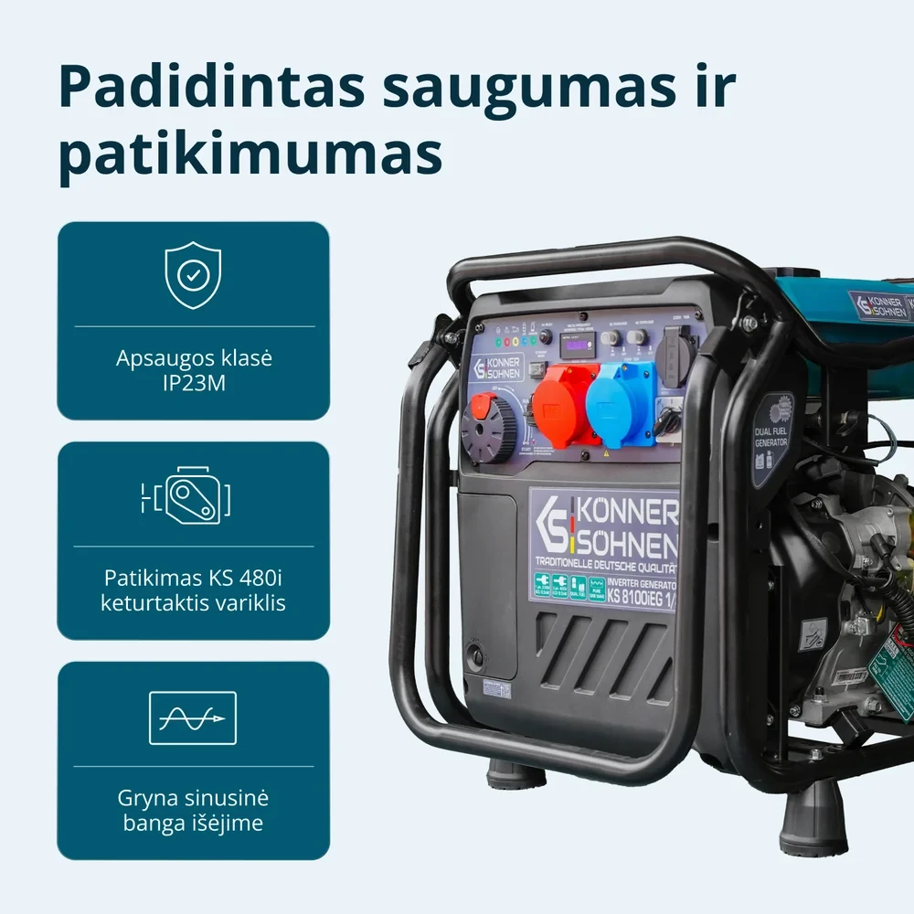 Inverterinis generatorius Könner & Söhnen KS 8100iEG 1/3, 8,5 kW, benzinas / LPG, 230/400 V, 20 l, dviejų kuro rūšių
