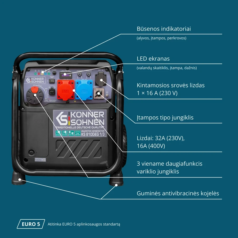 Inverterinis generatorius Könner & Söhnen KS 8100iEG 1/3, 8,5 kW, benzinas / LPG, 230/400 V, 20 l, dviejų kuro rūšių