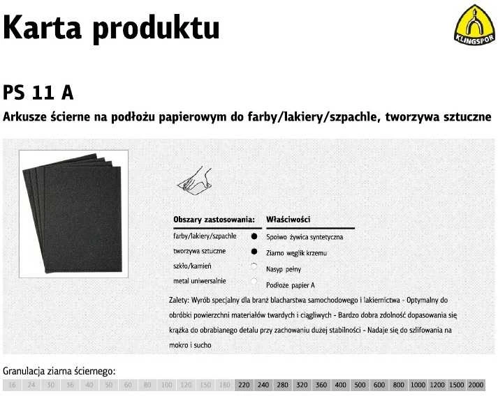 KLINGSPOR VANDENIUI ATSPARUS ŠLIFAVIMO POPIERIUS P 500 PS11A/50vnt.