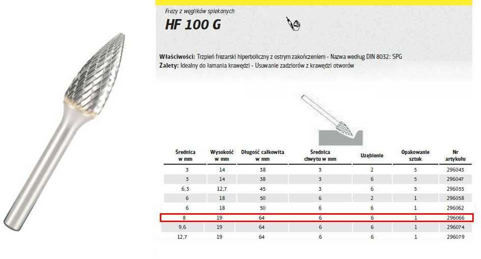 KLINGSPOR FREZ Z WĘG.SPIEKA.HF 100 G /8mm/066 HIPERBOLA FI=8,0x19mm,TRZ.6mm,TYP SPG