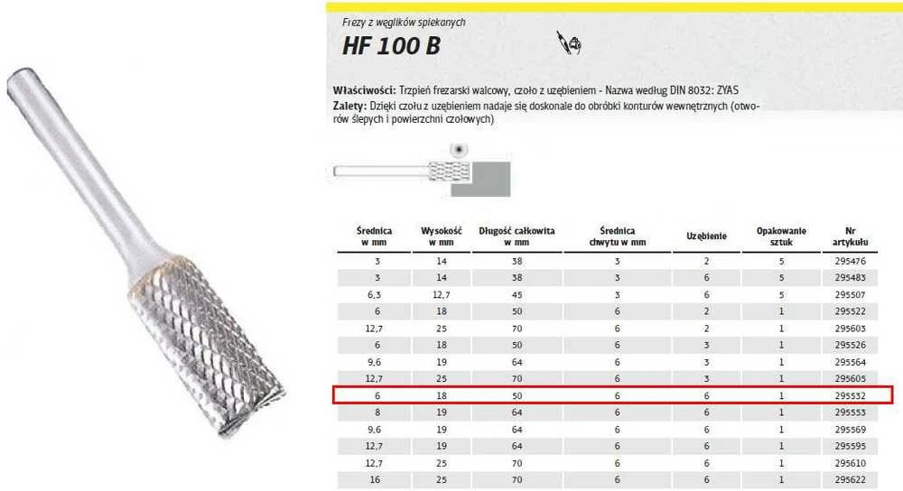 KLINGSPOR FREZ DO METALU HF 100 B FI6,0x18mm TRZPIEŃ 6mm TYP ZYAS, WALCOWY