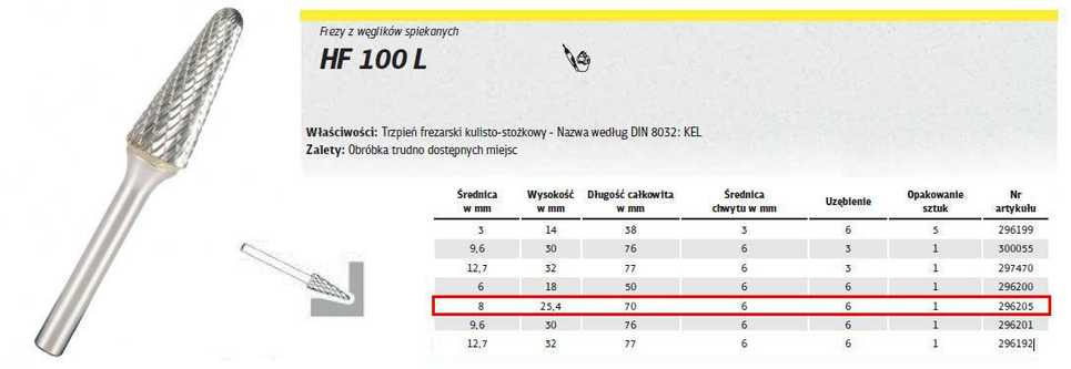 KLINGSPOR FREZ DO METALU HF 100 L FI8,0x25mm TRZPIEŃ 6mm, TYP:KEL, STOŻKOWO-KULISTY