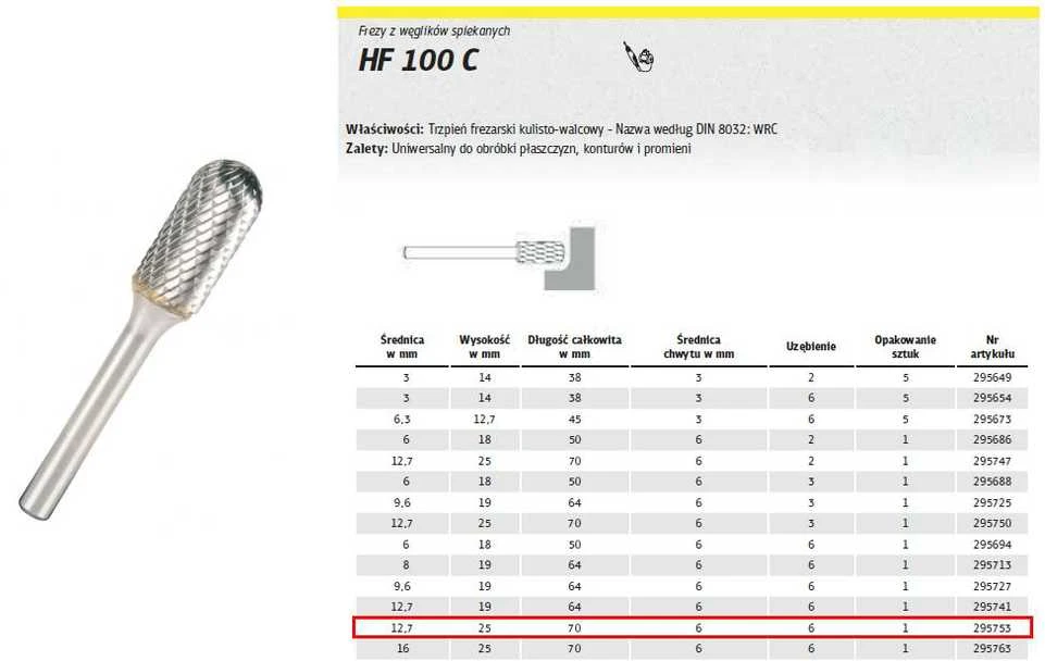 KLINGSPOR FREŽAS METALUI HF 100 C FI12.7x25mm BOTAS 6mm TIPO CRC, sferinis-cilindrinis