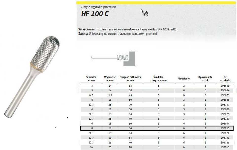 KLINGSPOR METALO PJAUSTYMAS HF 100 C FI8,0x19mm BOTAS 6mm TIPO WRC, CILINDRINIS KUMULYS