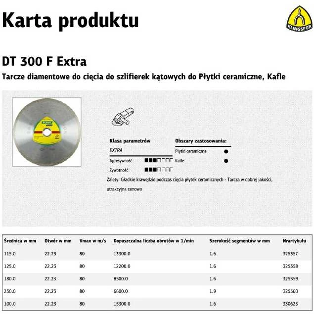 Tarcza KLINGSPOR PILNAS DEIMANTINIS DISKAS 125 mm x 22,2 mm DT300F, KERAMINIS