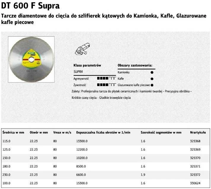 Deimantinis pjovimo diskas šlapiam pjovimui Klingspor DT 600 F Supra; 180x1,6x30,0 mm