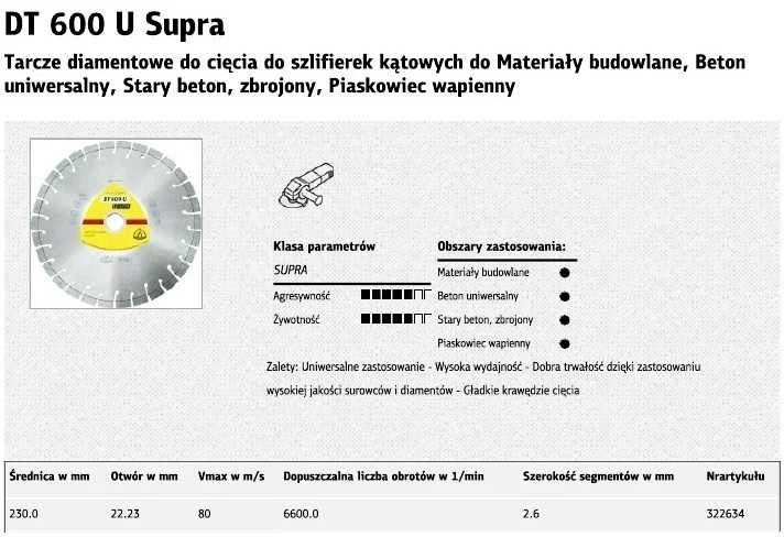 KLINGSPOR SEKCINIS DEIMANTINIS DISKAS 230 mm x 2,6 mm x 22,2 mm SUPRA DT600U, GELŽBETONAS