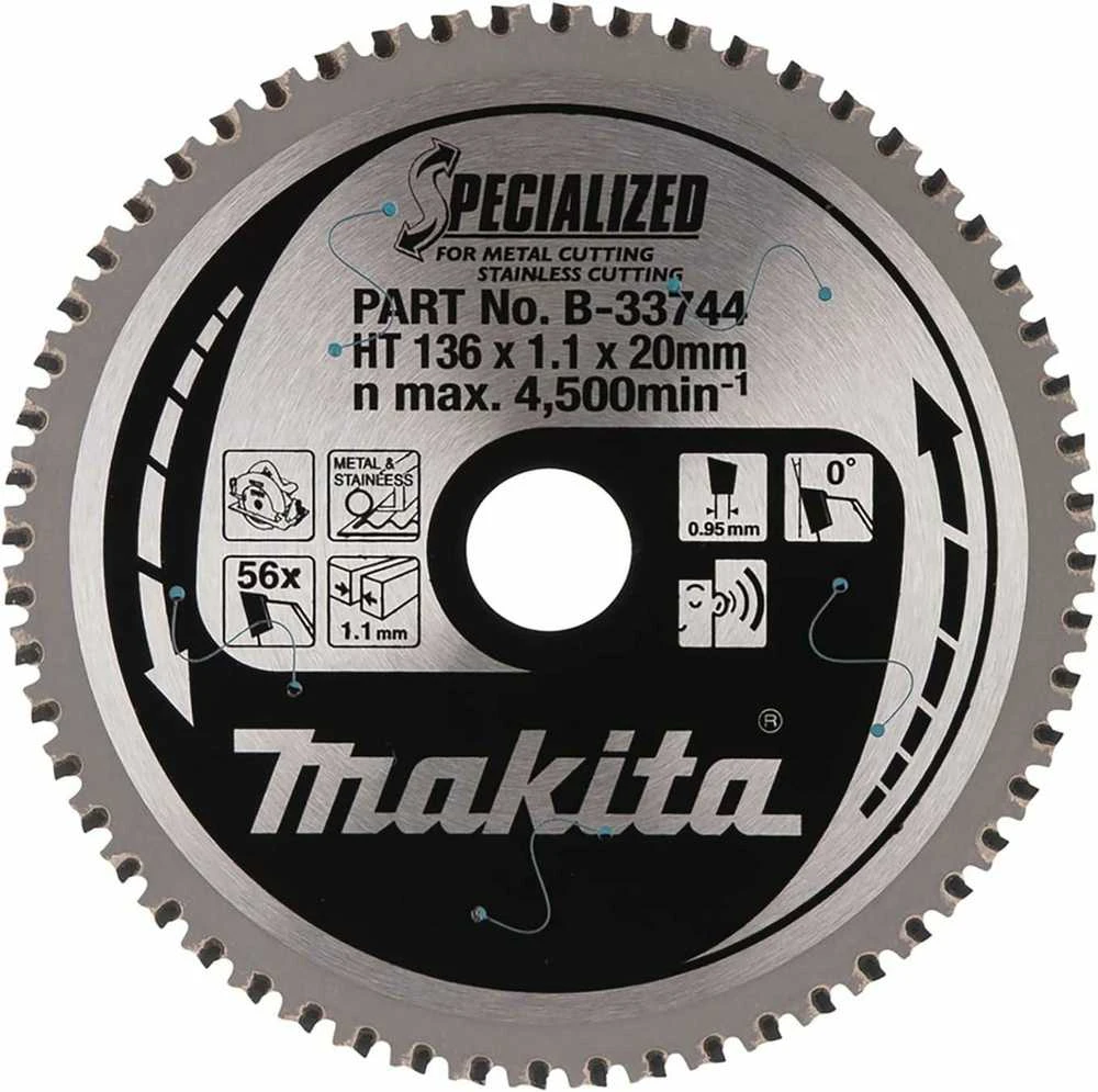 Makita T.C.T. pjūklas SPECIALIZED 136X1.1X20mm 0° T56 B-33744 T.C.T • 136 x20 mm • T56 • 0° • Metalui/Nerūd. plienui