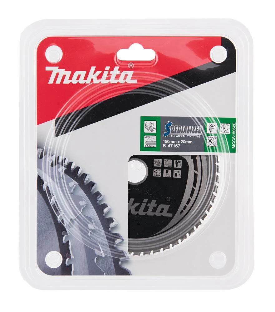 Makita T.C.T. pjūklas SPECIALIZED 150X1.4X20mm -15° T52 B-47042 T.C.T • 150 x20 mm • T52 • -15° • Plonam metalui