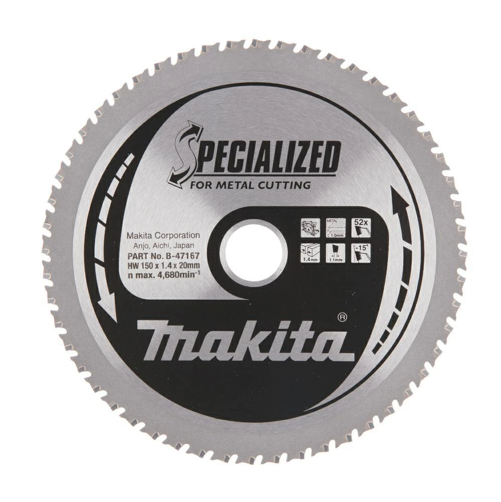 Makita T.C.T. pjūklas SPECIALIZED 150X1.4X20mm -15° T52 B-47042 T.C.T • 150 x20 mm • T52 • -15° • Plonam metalui