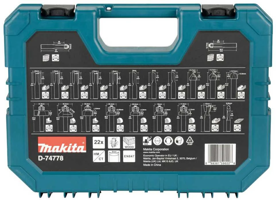 Makita 22 vnt. frezų rinkinys, įvairios paskirties D-74778