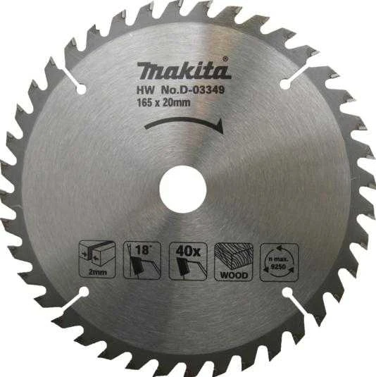 Makita T.C.T. pjūklas 165X2X20mm 18° T40 D-03349 T.C.T • 165 x20 mm • T40 • 18° • Medienai