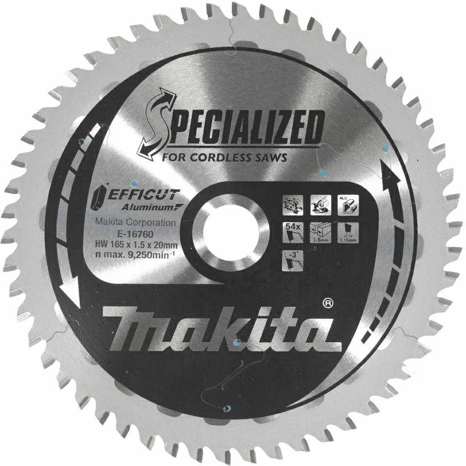 Makita T.C.T. pjovimo diskai aliuminiui, 165 x 20 mm, 54T, EFFICUT E-16760