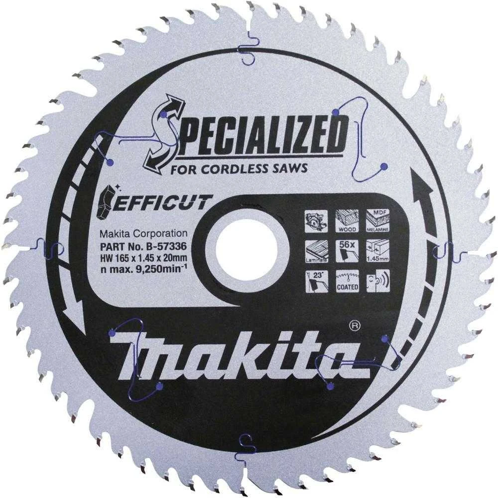 Makita T.C.T. pjūklas EFFICUT 165X1.45X20mm 23° T56 B-57336 T.C.T • 165 x20 mm • T56 • 23° • Medienai/MDF/laminatui