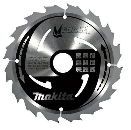 Makita T.C.T. pjūklas M-FORCE 185X2X30mm 15° T16 B-07945 T.C.T • 185 x30 mm • T16 • 15° • Medienai