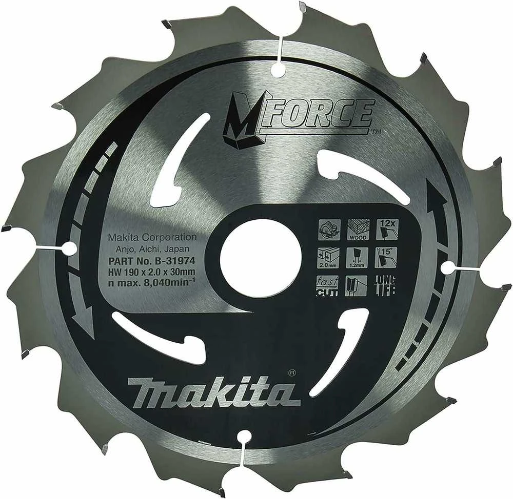 Makita T.C.T. pjūklas M-FORCE 190X2X30mm 15° T12 B-31974 T.C.T • 190 x30 mm • T12 • 15° • Medienai