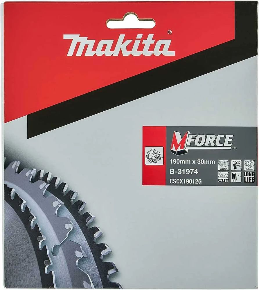 Makita T.C.T. pjūklas M-FORCE 190X2X30mm 15° T12 B-31974 T.C.T • 190 x30 mm • T12 • 15° • Medienai