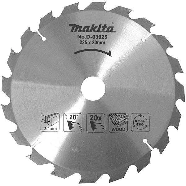 Makita T.C.T. pjūklas 235X2.4X30mm 20° T20 D-03925 T.C.T • 235 x30 mm • T20 • 20° • Medienai