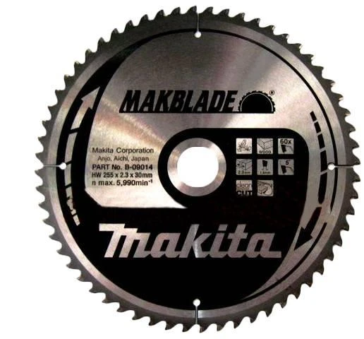 Makita T.C.T. pjūklas MAKBLADE 255X2.3X30mm 5° T60 B-09014 T.C.T • 255 x30 mm • T60 • 5° • Medienai