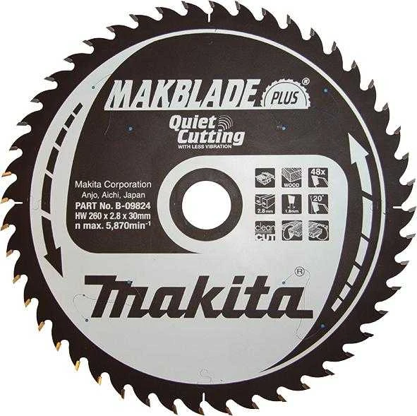 Makita T.C.T. pjūklas MAKBLADE PLUS 260X2.8X30mm 20° T48 B-09824 T.C.T • 260 x30 mm • T48 • 20° • Medienai