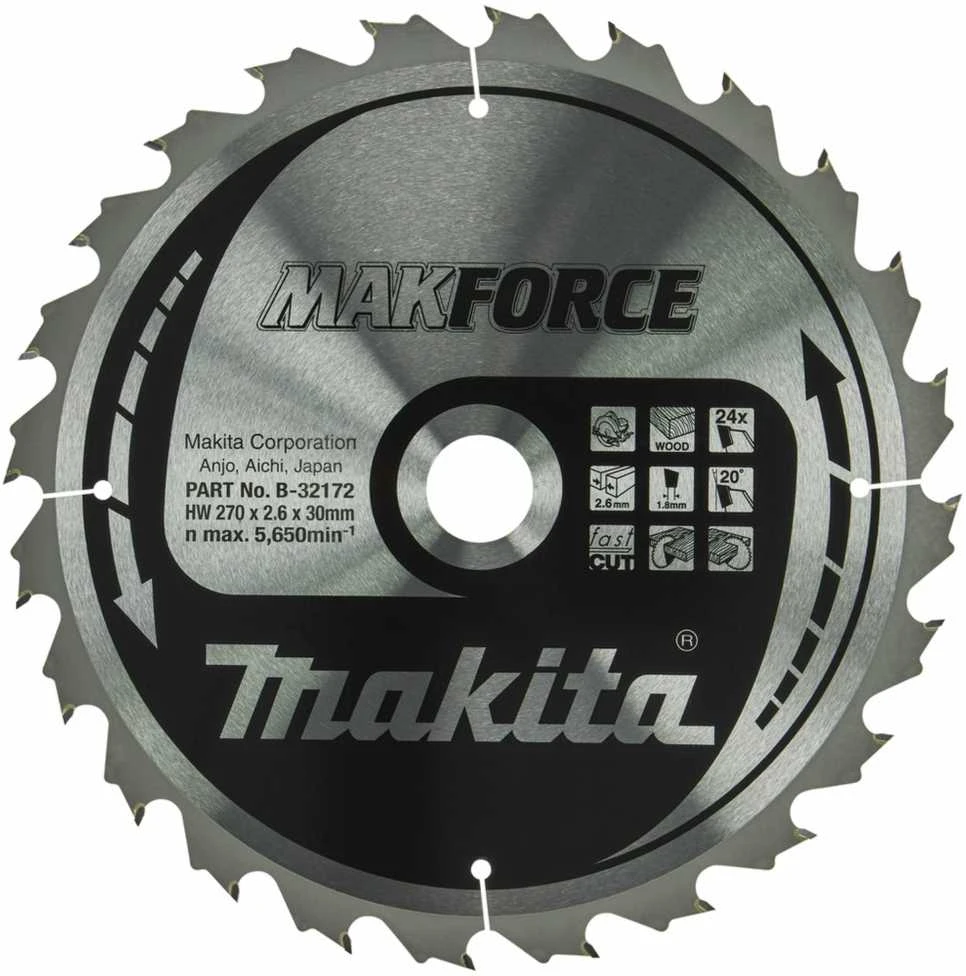 Makita T.C.T. pjūklas MAKFORCE 270X2.6X30mm 20° T24 B-32172 T.C.T • 270 x30 mm • T24 • 20° • Medienai